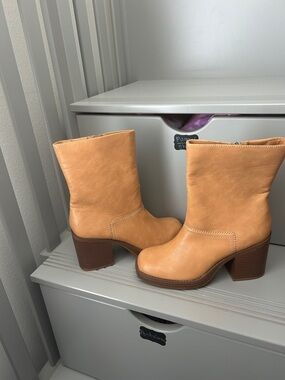 Sun + Stone Tan Leather Mid-Calf Block Heel Boots